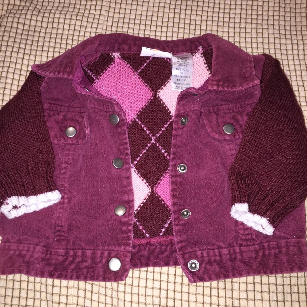 BT Kids Argyle Bomber Jacket Corduroy and Knit Burgundy and White Snap 6/9M